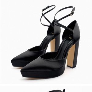 Zara pointed toe satin platform high heels black